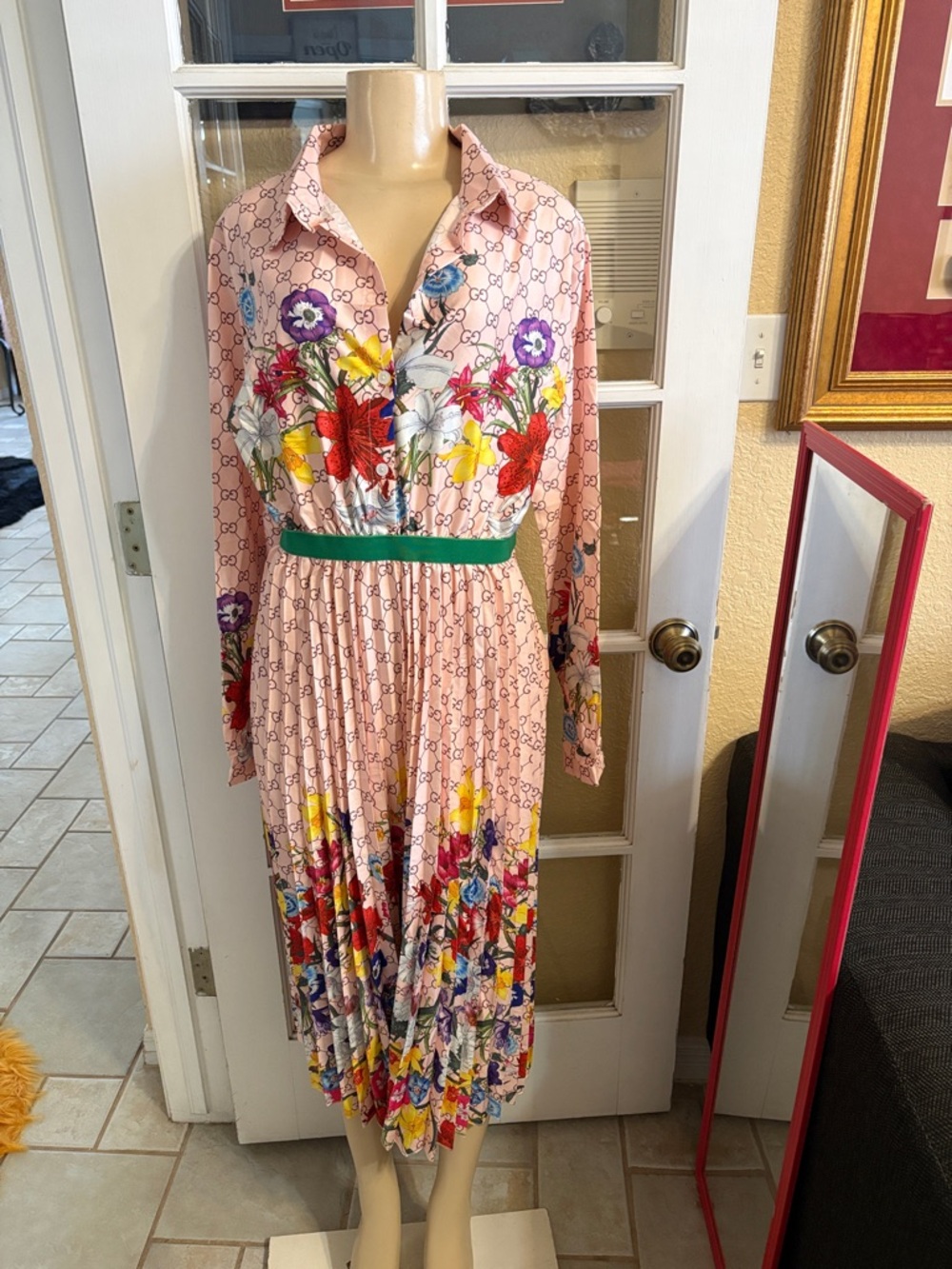 Floral Pink Long-Sleeve Pleated Shirt Dress